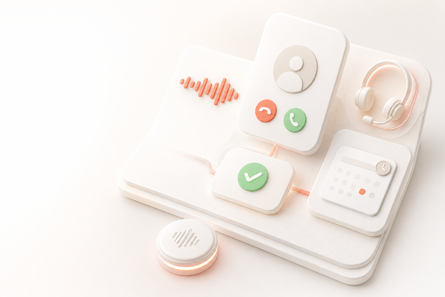 A bright product illustration of an AI voice conversation moving from an incoming call to a booked appointment.