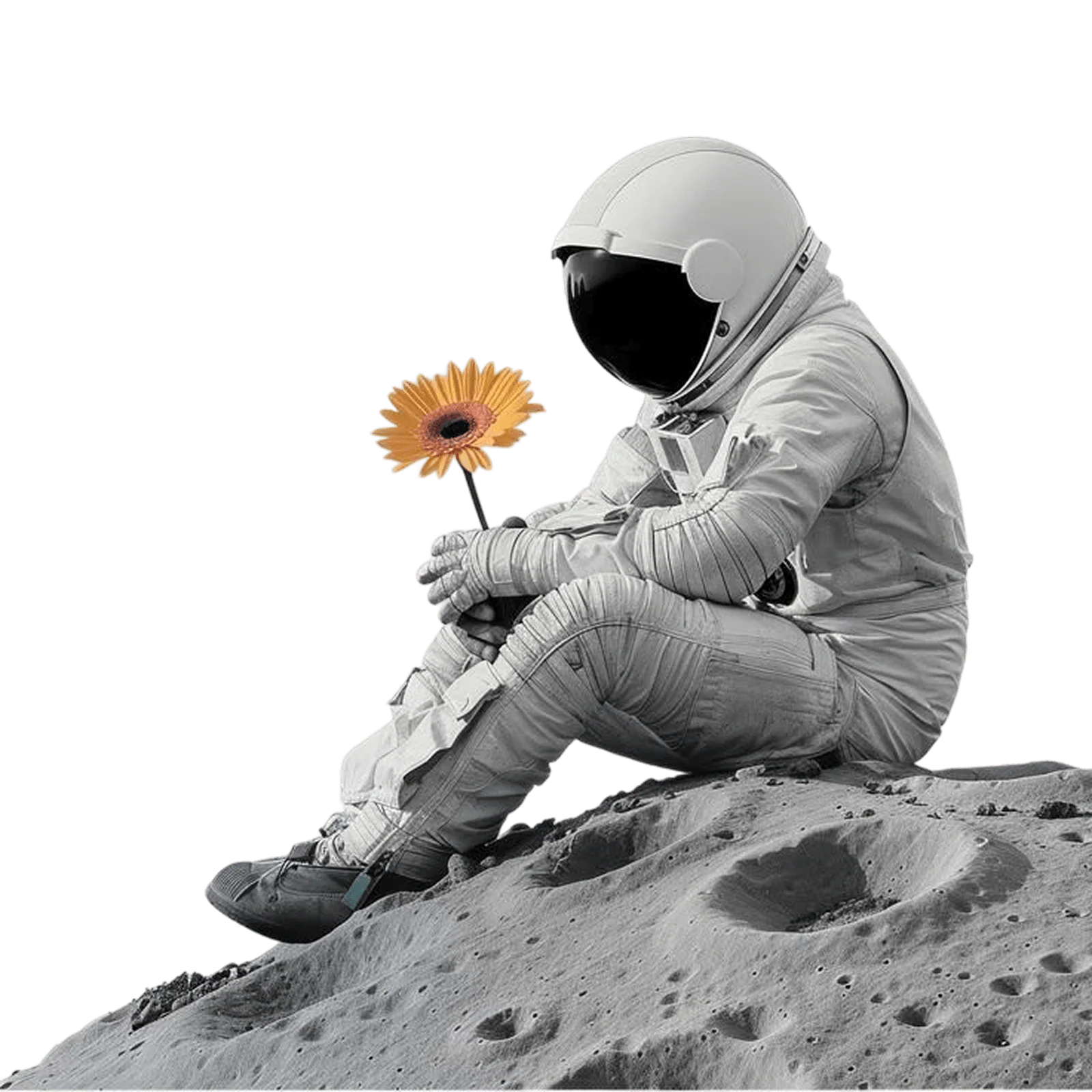 Illustration of an astronaut on the moon holding a yellow flower.